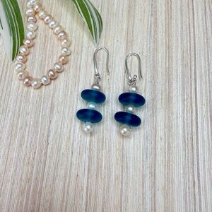 Sterling Silver Sea Glass & Freshwater Pearl Earrings | Coastal Handmade Jewelry
